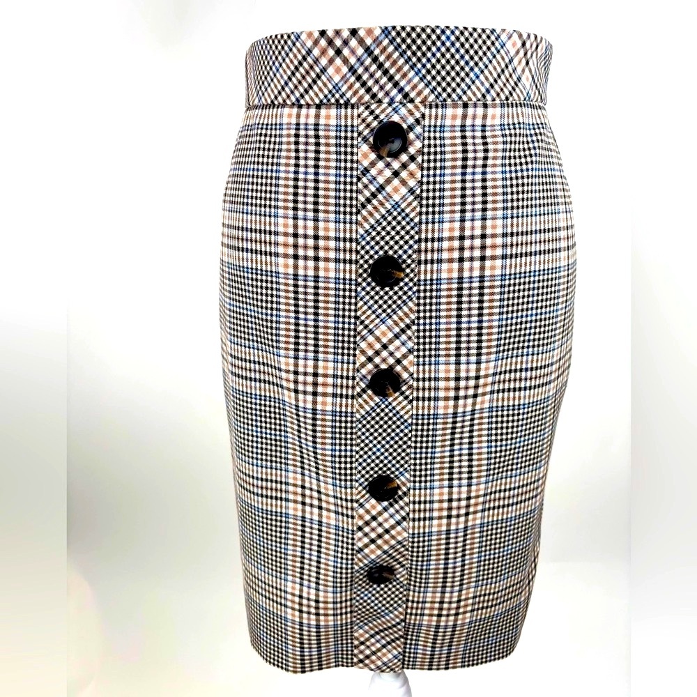 Ann Taylor Womens Skirt Black Brown Glen Plaid Decorative Buttons Pencil size 4